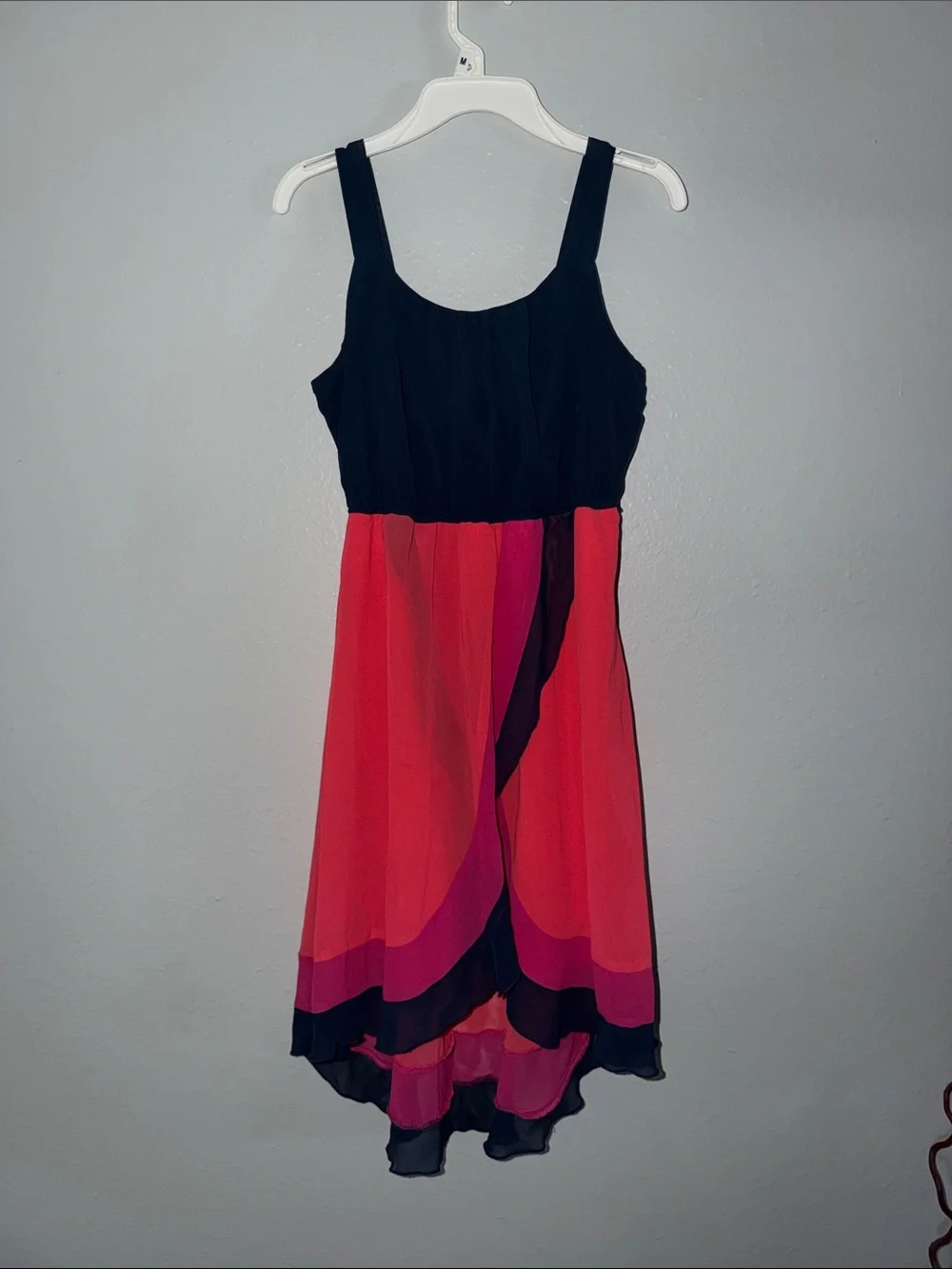 paper doll Black Bodice with Red and Pink Colorblock High-Low Dress